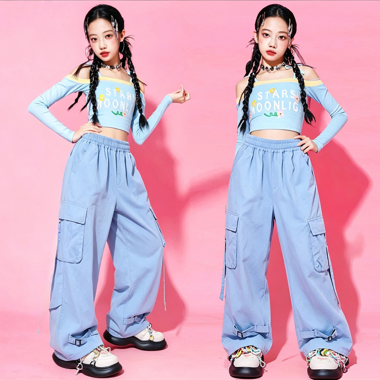 女童爵士舞蕾丝格纹露脐套装