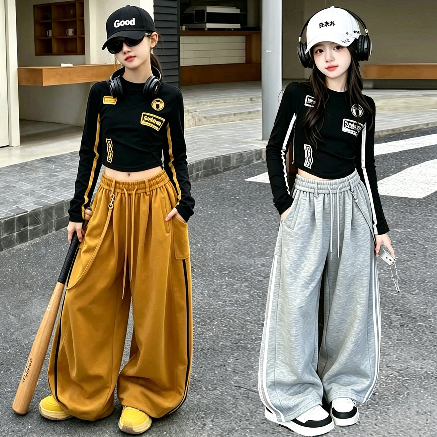 女童爵士舞嘻哈长袖阔腿练功服装