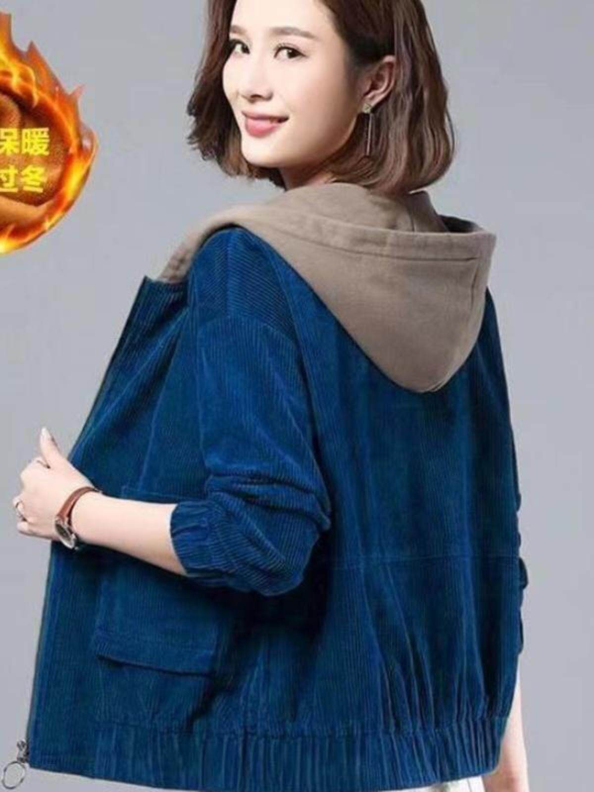 FLEECE THICKENED CORDUROY JACKET FOR FEMALE MOTHERS FASHION KOREAN LOOSE HOODED COMPOSITE JACKET