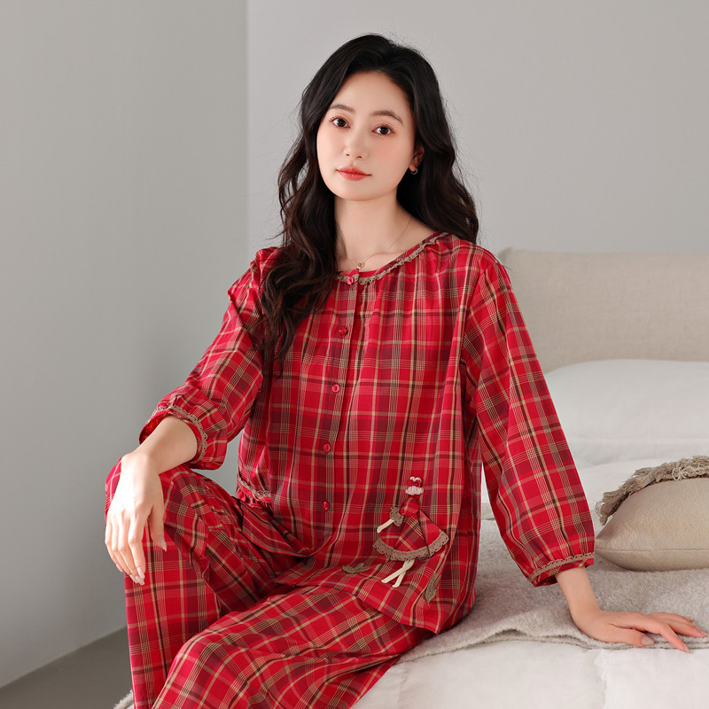 睡衣女款2025新款春秋纯棉女士九分袖长裤套装格子开衫宽松家居服