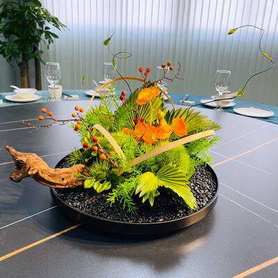 酒店圆桌转盘仿真花餐桌花摆花高端轻奢中间摆件装饰花创意茶桌花