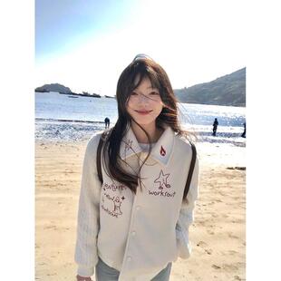 春装女款2025年开春新款外套毛织拼接翻领刺绣宽松夹克棒球服上衣
