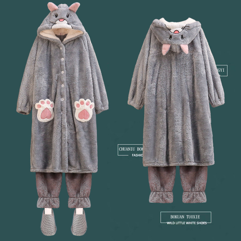 大码睡衣女200斤珊瑚绒加肥宽松套装秋冬胖mm220斤长款睡袍两件套