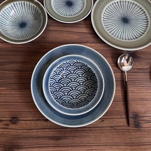 波佐见烧 甜品碗 系列青海波餐盘 钵碗 大盘子牛排 小碟子 日本制
