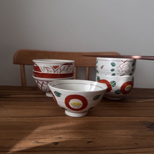 日本制 点心碗单个米饭碗赤绘小碗 釉下彩陶瓷饭碗