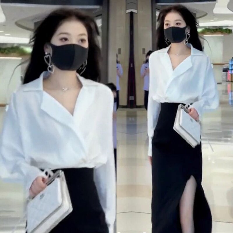 两件套半身裙女+白色衬衫上衣纯欲风a字包臀裙高腰显瘦短裙套装潮