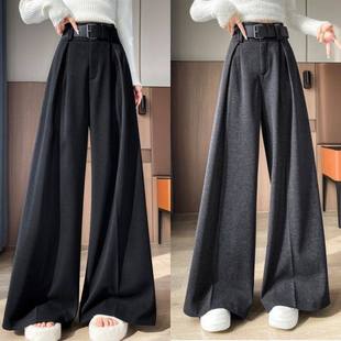 毛呢裤 宽松高腰慵懒bf风直筒西装 子 女秋冬新款 深灰黑色阔腿休闲裤