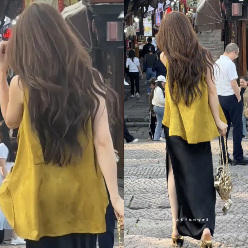 2025夏季新款轻奢高端贵气提花长款黄色上衣开叉显瘦半身裙女