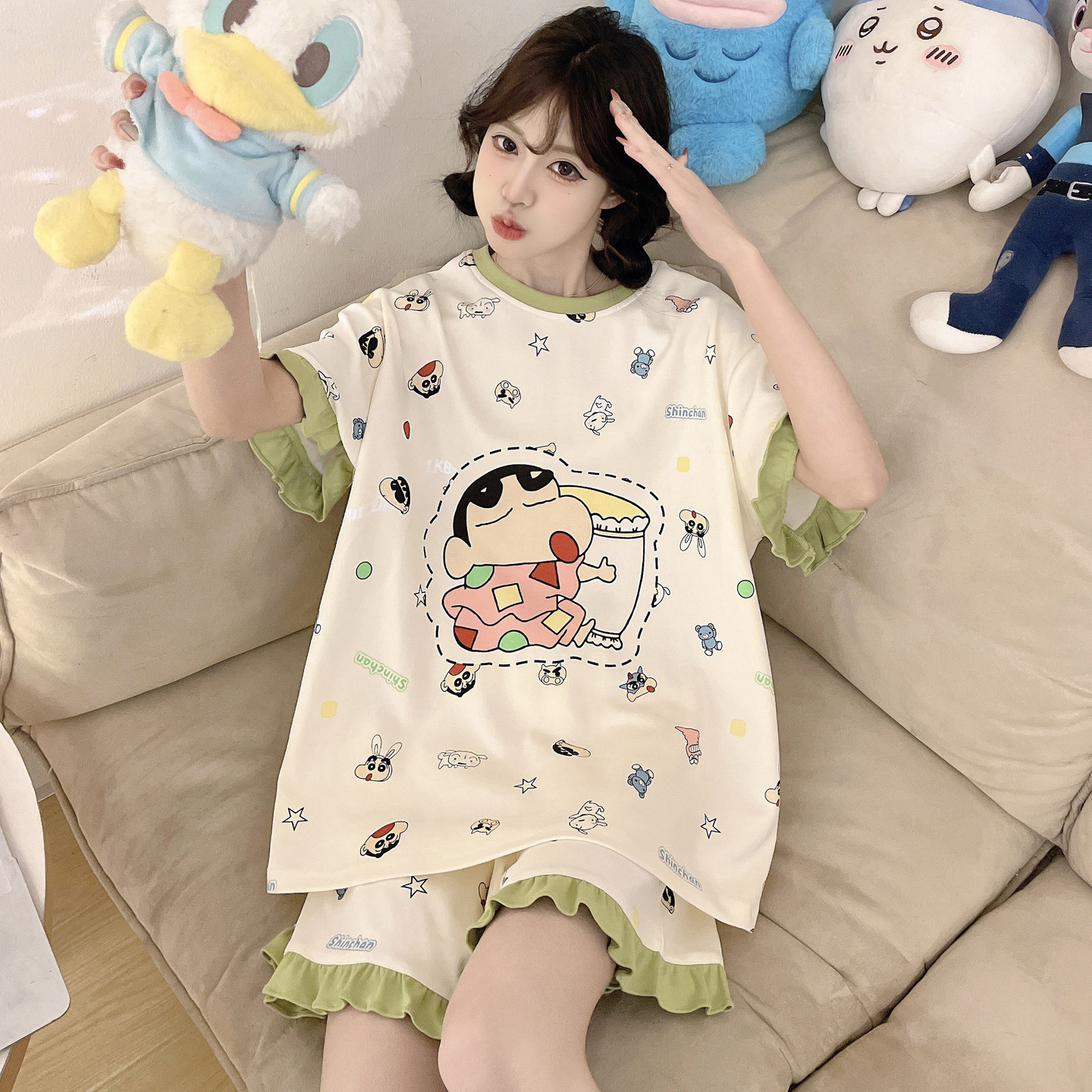 蜡笔小新睡衣女士夏季纯棉短袖短裤可爱卡通加大码女生家居服套装