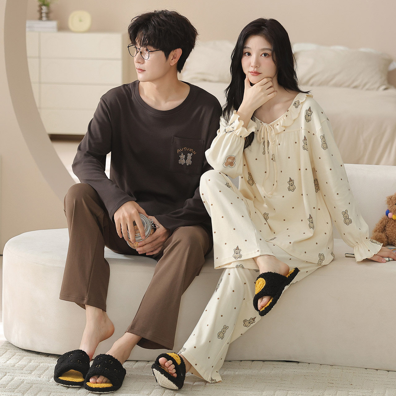 情侣纯棉睡衣春秋季长袖长裤套头大码卡通一男一女薄款家居服套装