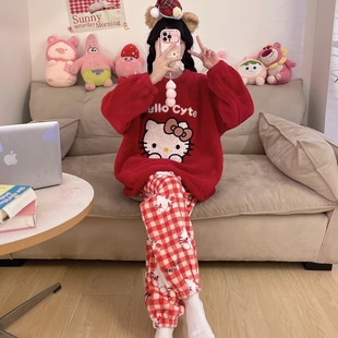 珊瑚绒睡衣女秋冬季Hello Kitty加绒加厚宽松加大码胖MM居家套装
