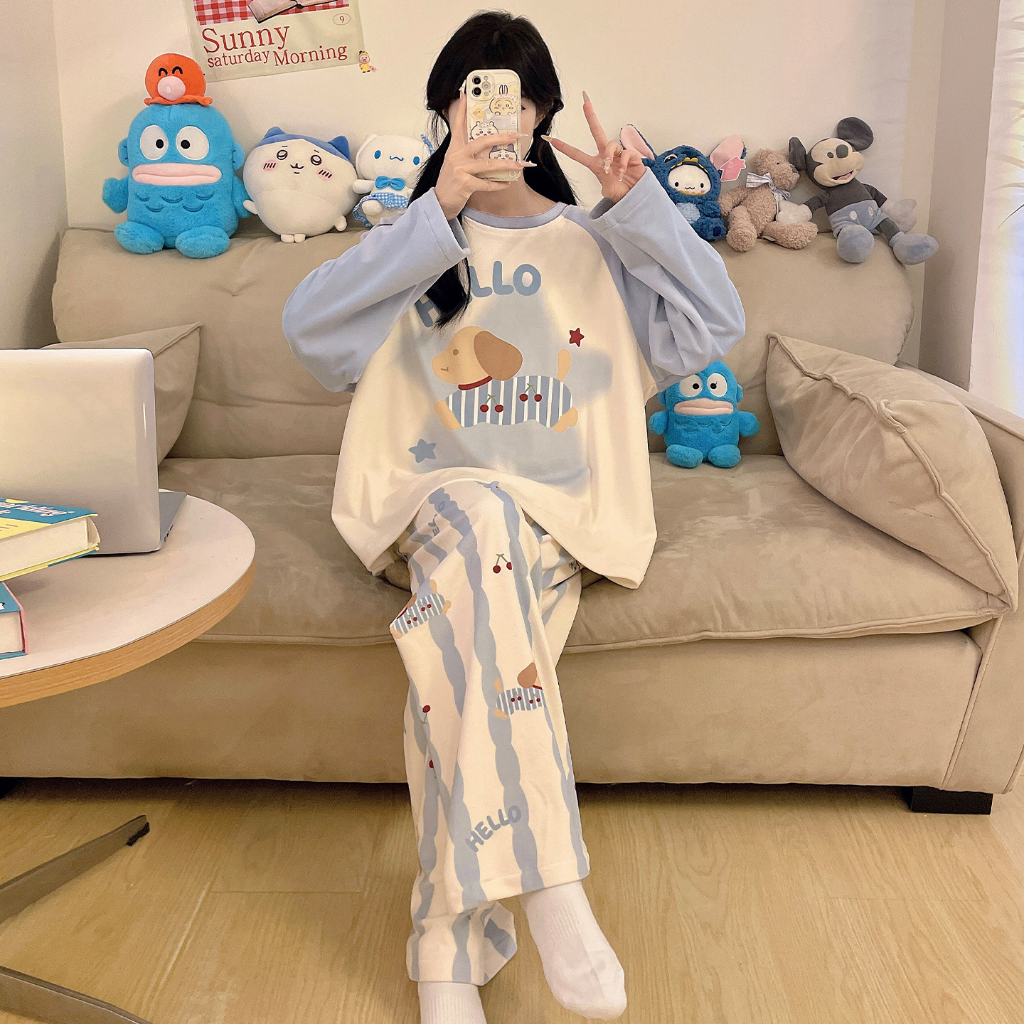 海岛绒睡衣女士秋冬季加厚加绒卡通可爱加大码胖MM薄绒居家两件套