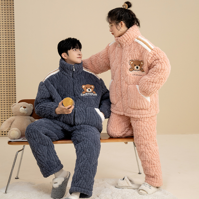 三层加厚夹棉情侣睡衣加大码冬季