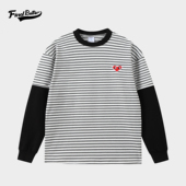 秋冬德绒抓绒条纹假两件重磅男女宽松运动上衣保暖圆领长袖 369