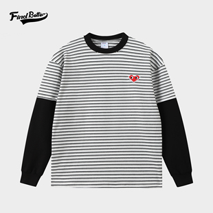 秋冬德绒抓绒条纹假两件重磅男女宽松运动上衣保暖圆领长袖 369