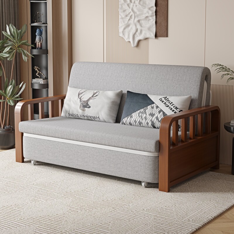实木折叠沙发床两用小户型客厅书房多功能现代简约新中式风伸缩床