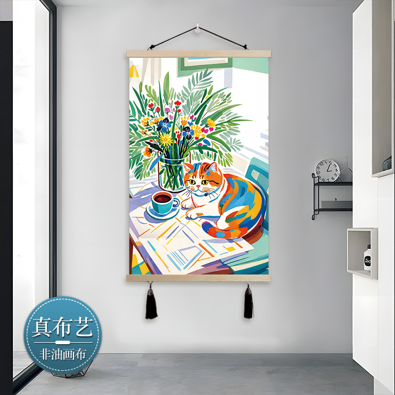 ins北欧油画风卡通可爱猫咪卧室床头装饰画电表箱遮挡挂画免打孔图片
