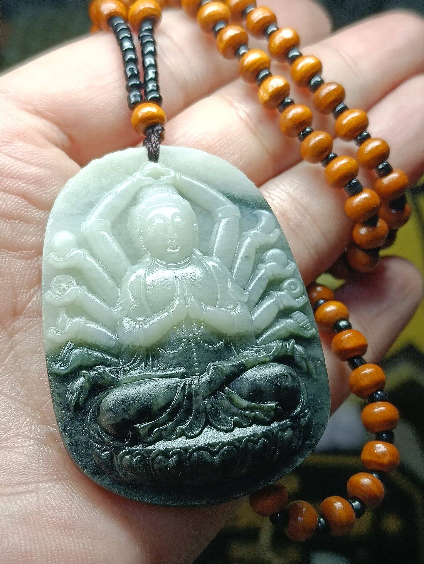 孤品南阳独山玉石黑白双色千手观音菩萨大挂件玉佩吊坠毛衣链项链