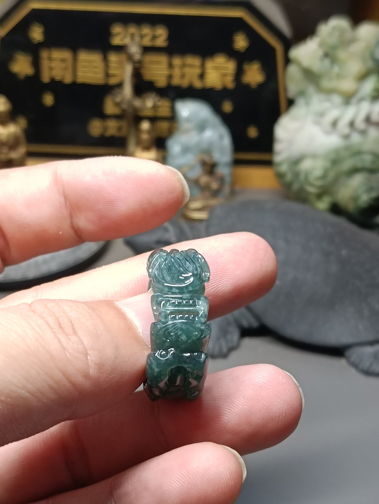 孤品危地马拉A货翡翠蓝水戒指圈男士龙头大哥神龙护主龙指环生肖