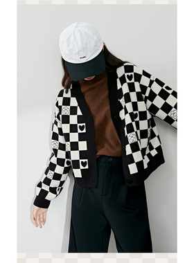 阔色Kouse棋盘格毛衣针织马甲女早春短款背心开衫外套V领上衣