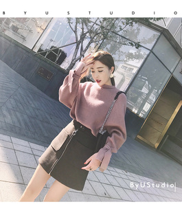 秋冬韩版套头针织衫个性兔绒加厚短款宽松半高领毛衣女蝴蝶结袖子