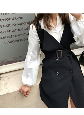 TAKIYA 秋装赫本公主风腰带翻领吊带风衣马甲 针织长袖Tee两件套