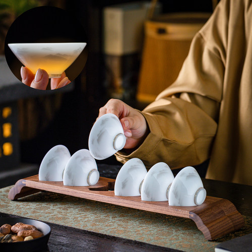 高端冰种玉瓷斗笠杯6只带杯架
