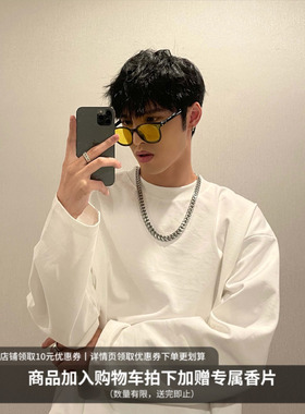 MIDASHAND圆领纯色长袖T恤310g简约ins宽松百搭休闲内搭打底衫男