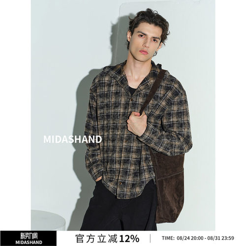 MIDASHAND26AW复古格子连帽衬衫