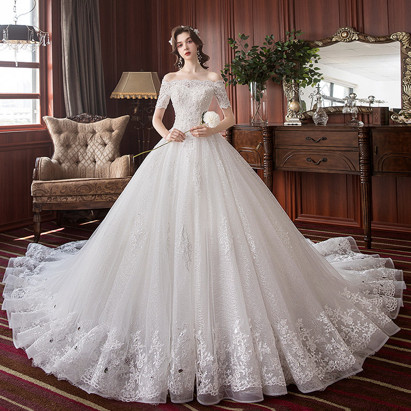 轻主婚纱裙礼服2020新款新娘气质拖尾豪华奢侈森系梦幻简约一字肩