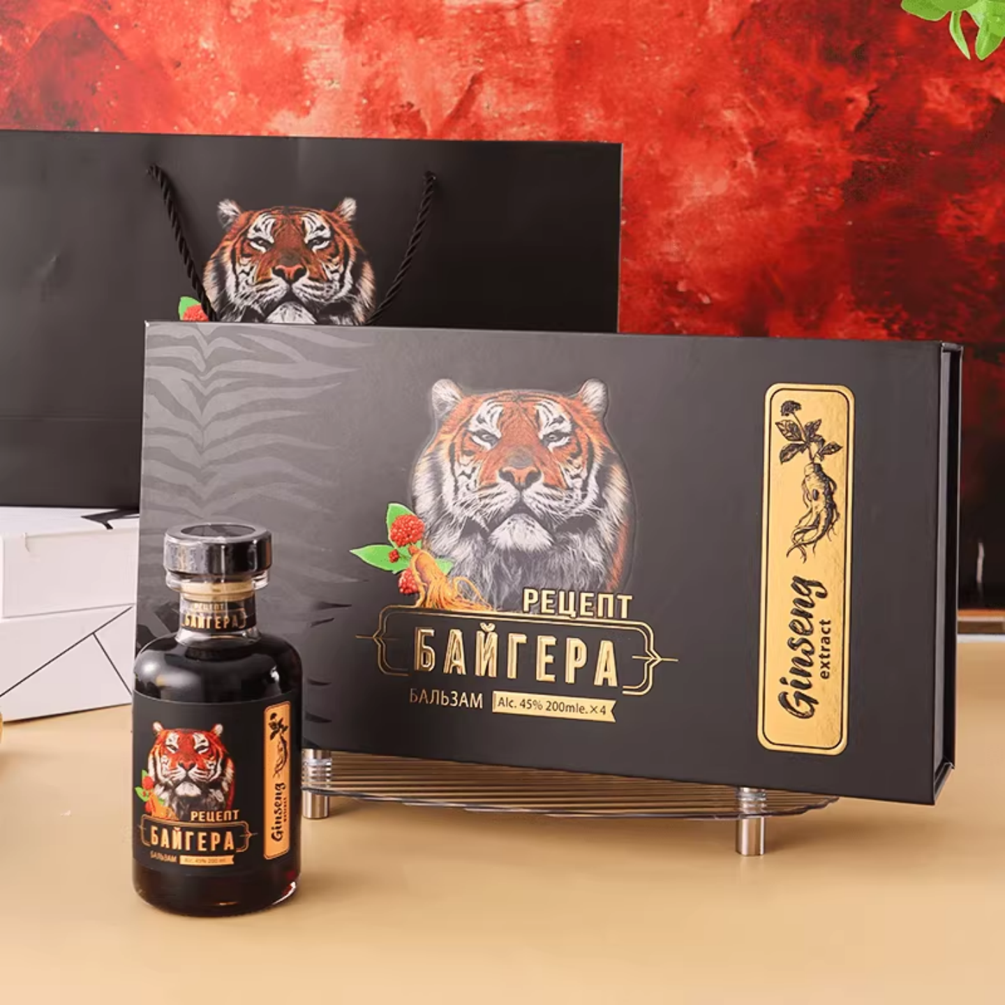 俄罗斯欧曼虎人参配制酒原瓶进口小虎酒滋补伏特加4瓶礼盒款200ml