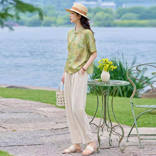 新中式印花夏季阔腿裤两件套女