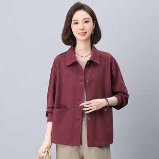 休闲风纯棉短外套女春秋大码 通勤上衣 显瘦中年妈妈装