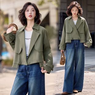 工装 风衣女翻领双排扣军绿色显瘦百搭小个子外套 风短款