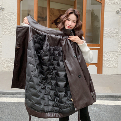 休闲风PU皮羽绒服中长款