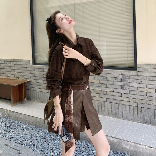 美拉德今年麂皮绒衬衫半身裙套装女秋季又酷又飒两件套时髦慵懒轻