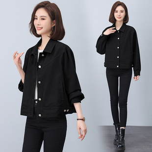 通勤风黑色短款外套女翻领纽扣宽松显瘦小个子百搭上衣
