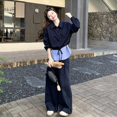 假两件撞色拼接套装女秋季藏青色收腰阔腿裤松弛感两件套轻薄法式
