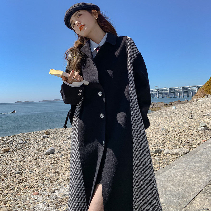 韩系黑色拼接毛呢外套女中长款加厚修身显瘦呢子大衣高级感
