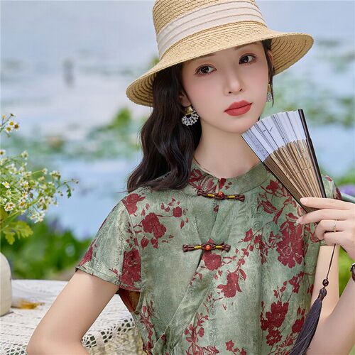 新中式国风盘扣印花套装女夏季修身遮肉两件套优雅风中老年今年美