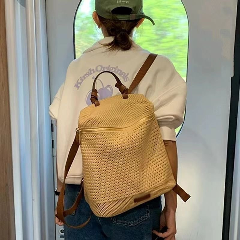 编织包包女2024新款夏天设计感韩系双肩包大容量轻便手提大背包
