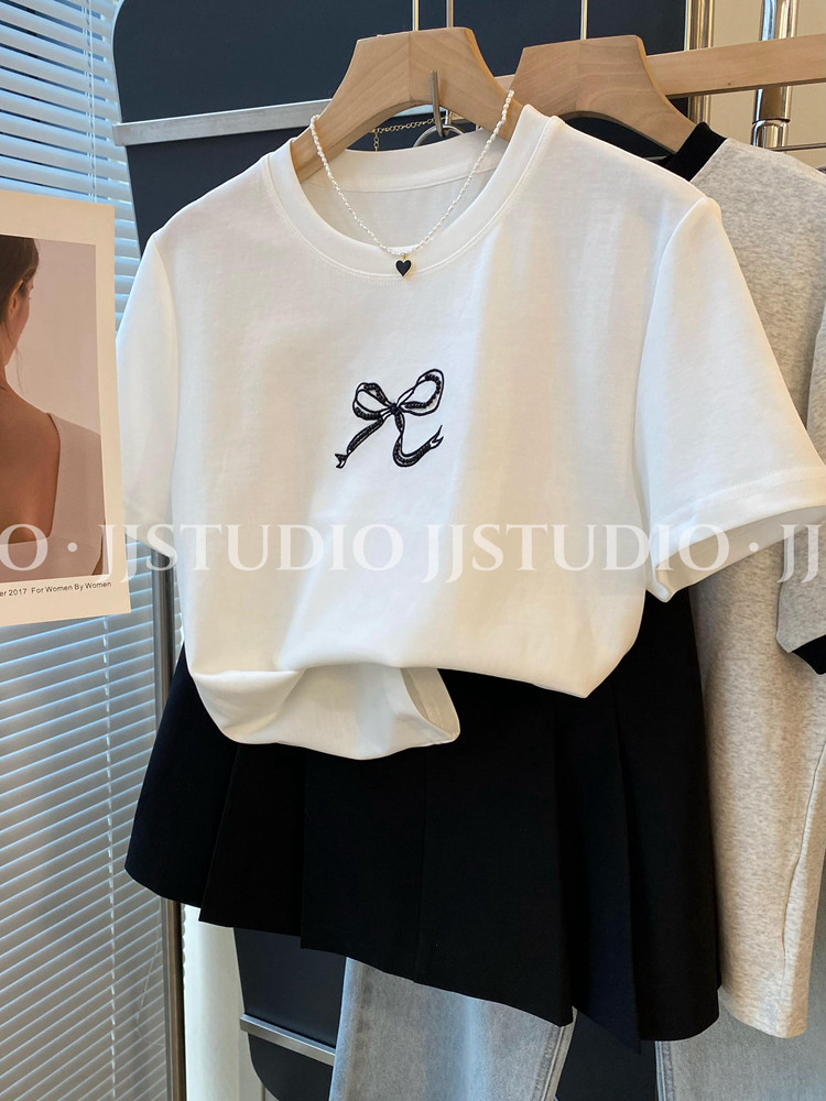 300斤韩国东大门珍珠蝴蝶结短袖t恤女宽松胖mm大码200斤纯棉上衣