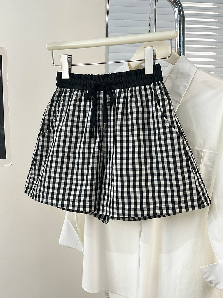 特大码300斤胖mm黑白格子运动短裤女抽绳高腰显瘦宽松a字阔腿热裤,女装/女士精品,大码半身裙,淘宝优惠券,粉丝福利购,淘宝优惠卷