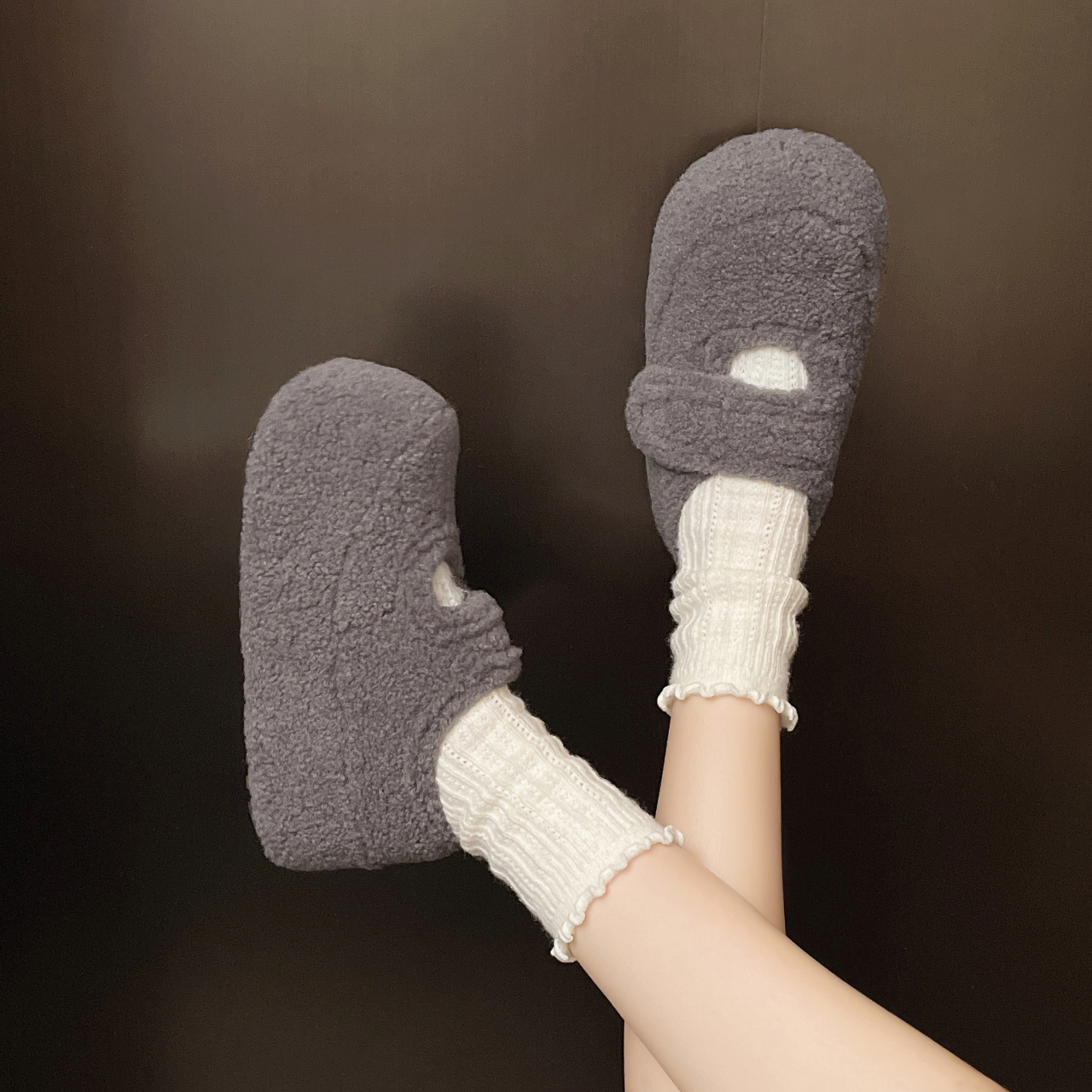 厚底内增高灰色加绒勃肯鞋女