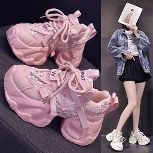 白色老爹鞋女款2026新款夏季透气单网休闲厚底鞋子小个子增高女鞋