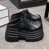 单鞋 一脚蹬半拖鞋 女英伦风2026春季 小个子增高跟超厚底包头小皮鞋