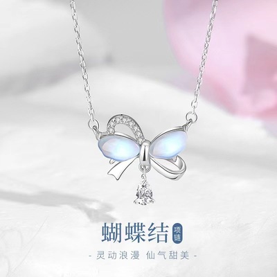 S925纯银蝴蝶结项链女甜美百搭
