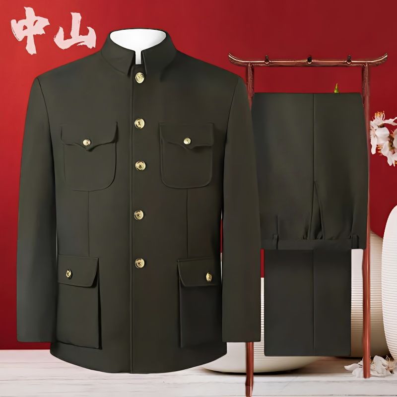军绿色中山装男套装中老年加绒外套老式中山服老人上衣爸爸军便装