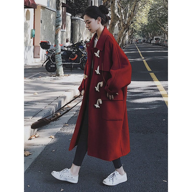 红色牛角扣大衣女中长款秋冬2019新款呢子宽松过膝赫本风毛呢外套|ruв категории Женская одежда, шерстяные пальто - от Buy2taobao.com для оказания профессиональной услуги покупки агента Taobao