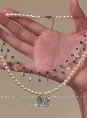 「清冷海与蝶」珍珠项链女款新款爆款蓝色蝴蝶吊坠锁骨链颈链